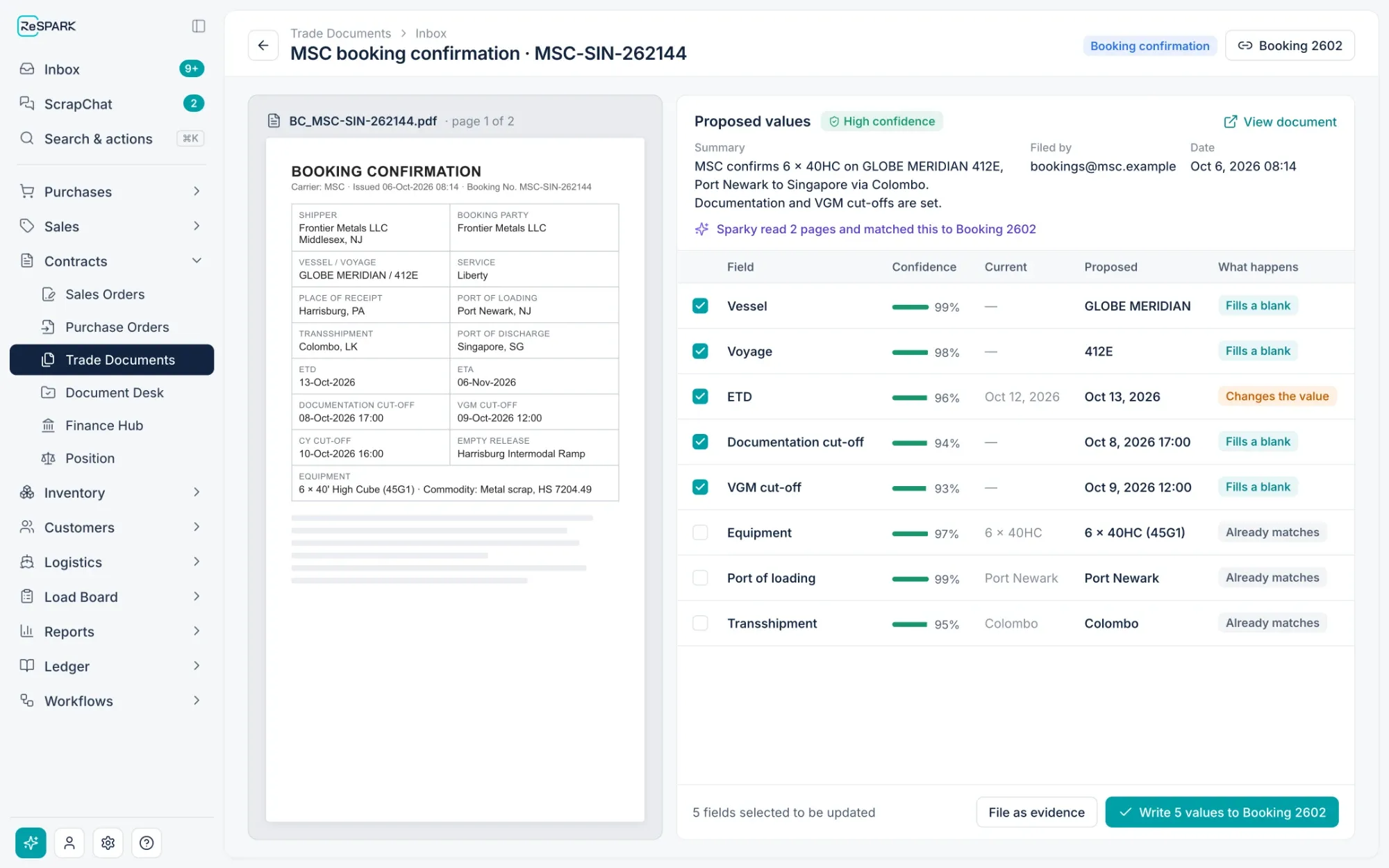 AI-proposed values from a carrier booking confirmation in ReSpark, with confidence scores