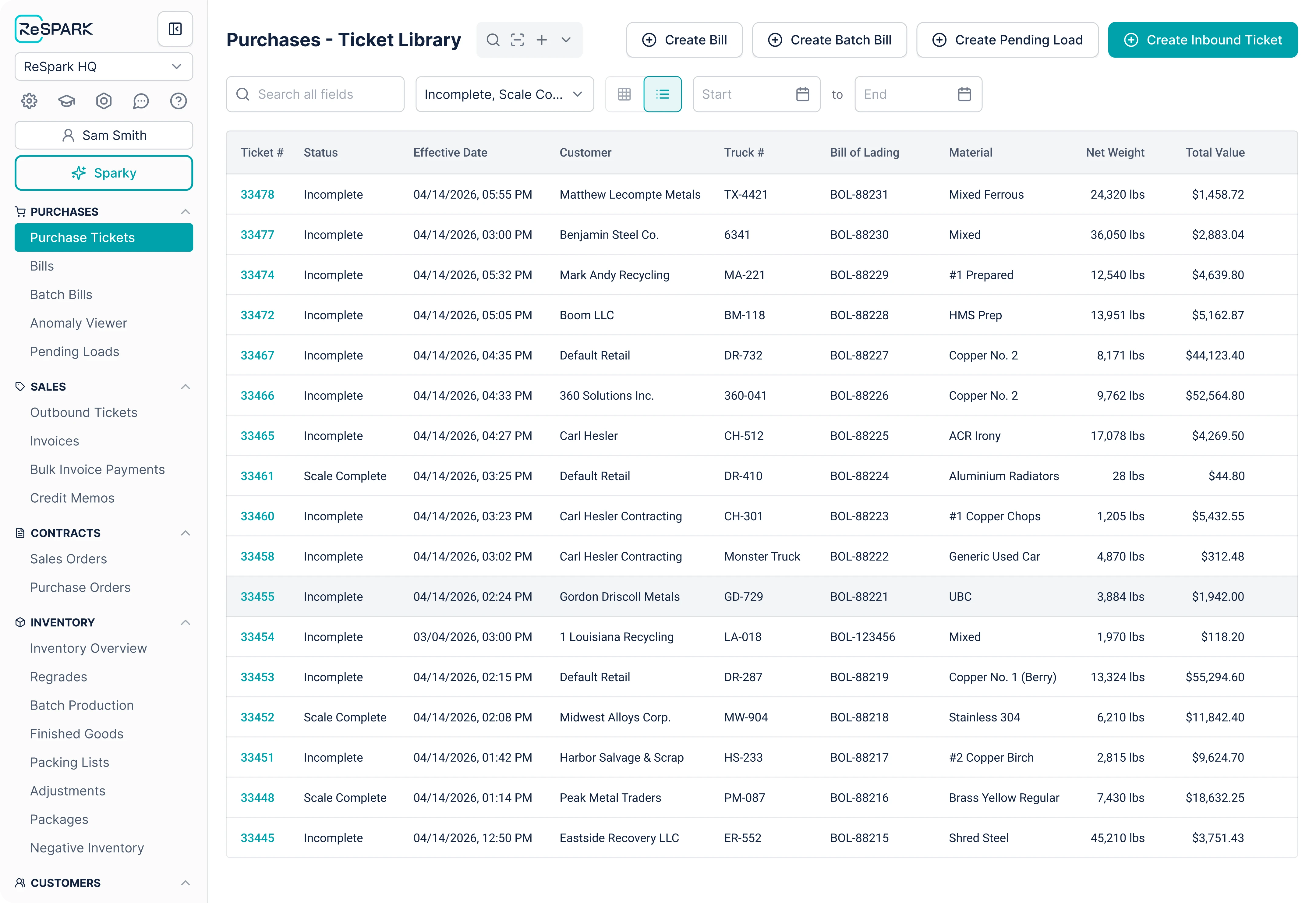 ReSpark yard operations — scale tickets, dispatch, and inventory