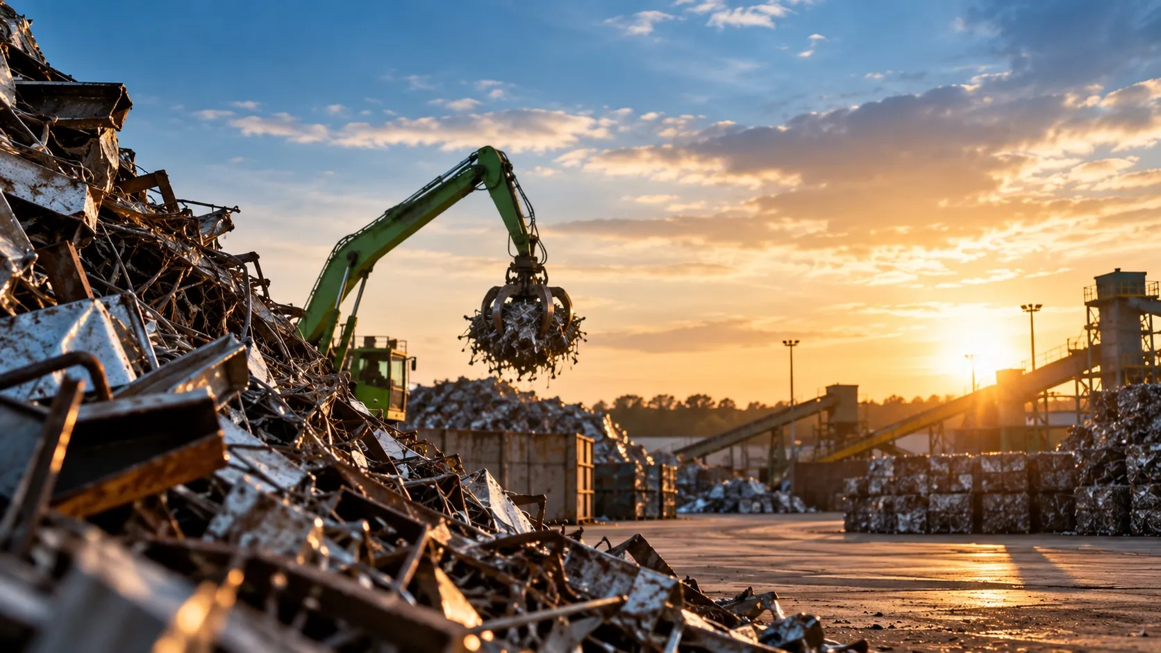A material handler lifting shredded scrap onto a pile at a recycling yard at sunset, with baled metal stacked in the background