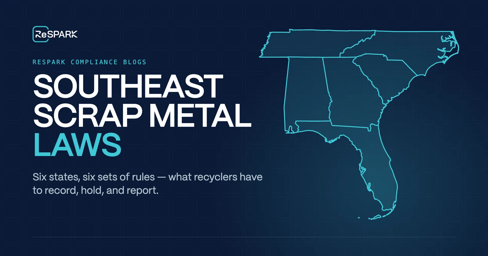 Southeast Scrap Metal Laws series cover: an outline map of Tennessee, Alabama, Georgia, South Carolina, North Carolina and Florida, with the line "Six states, six sets of rules — what recyclers have to record, hold, and report."